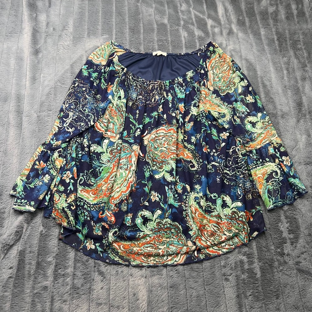 Joie de Vivre Womens 1X Paisley Off Shoulder Bell Sleeve Mesh Blouse Navy Orange